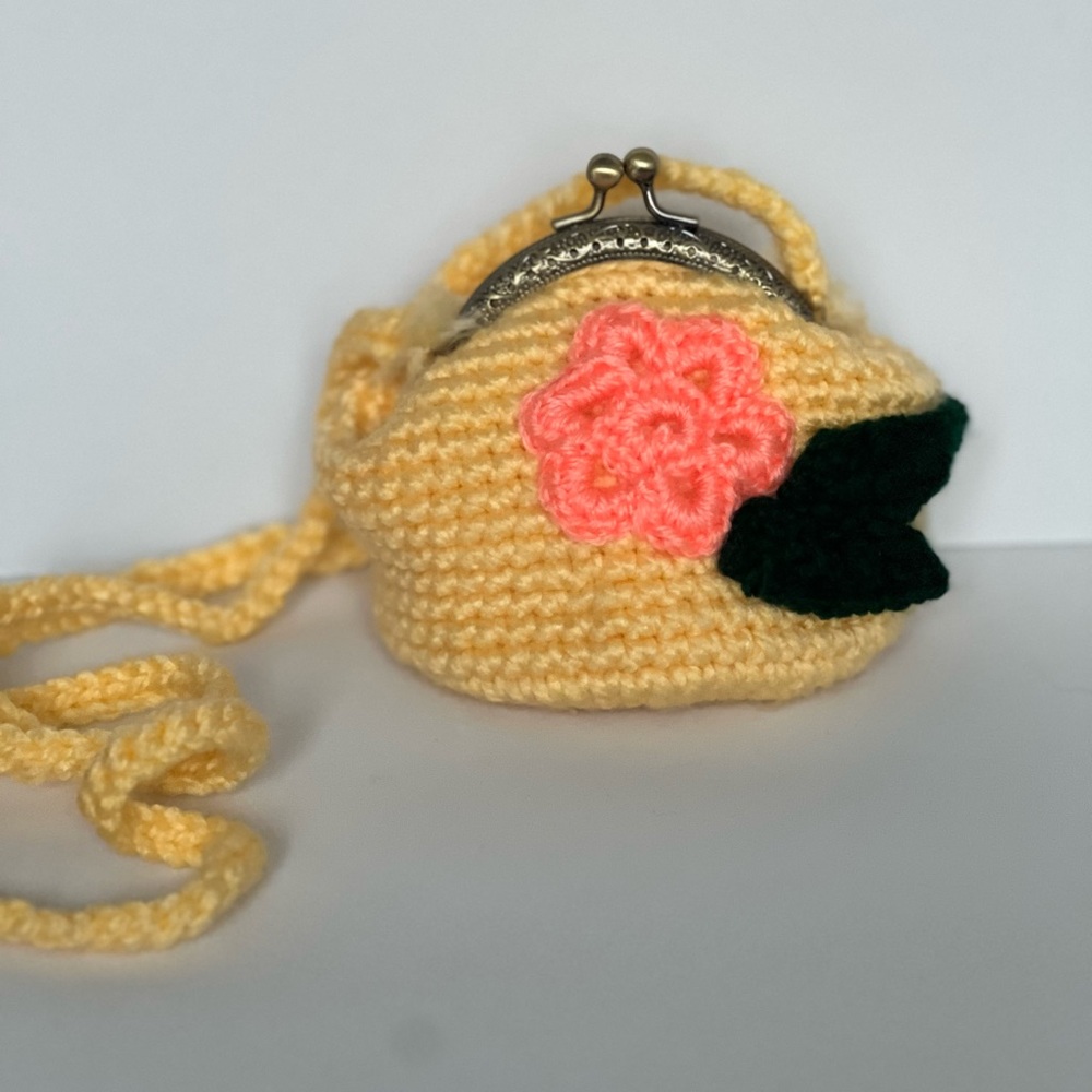 Handcrafted Yellow Mini Bag with Pink Floral Accent